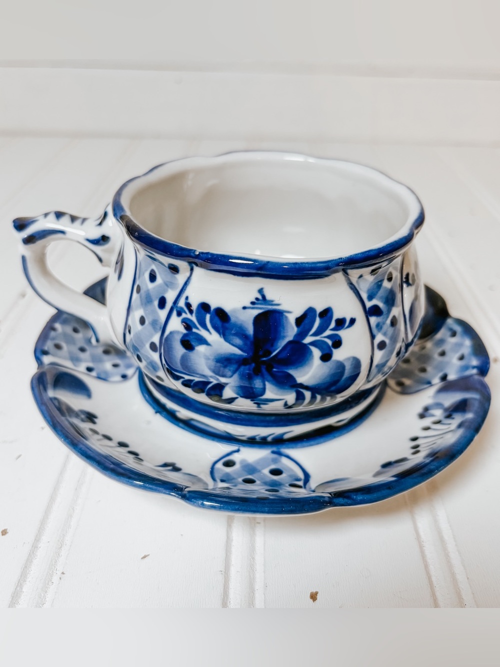 Vintage Russian Gzhel Porcelain Teacup and Saucer | Blue +White Floral